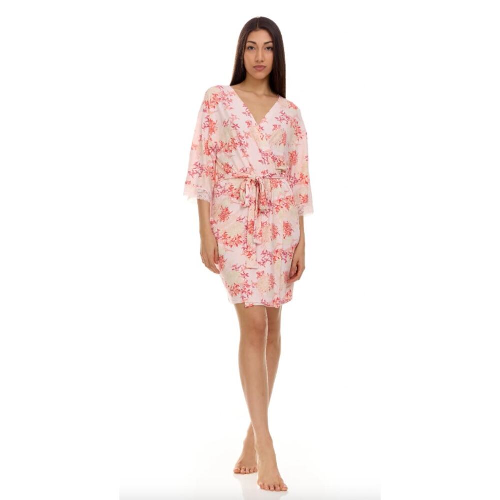 Flora Nikrooz Robe Floral Belted Tie Stretchy Cozy Knee Length Pink Small